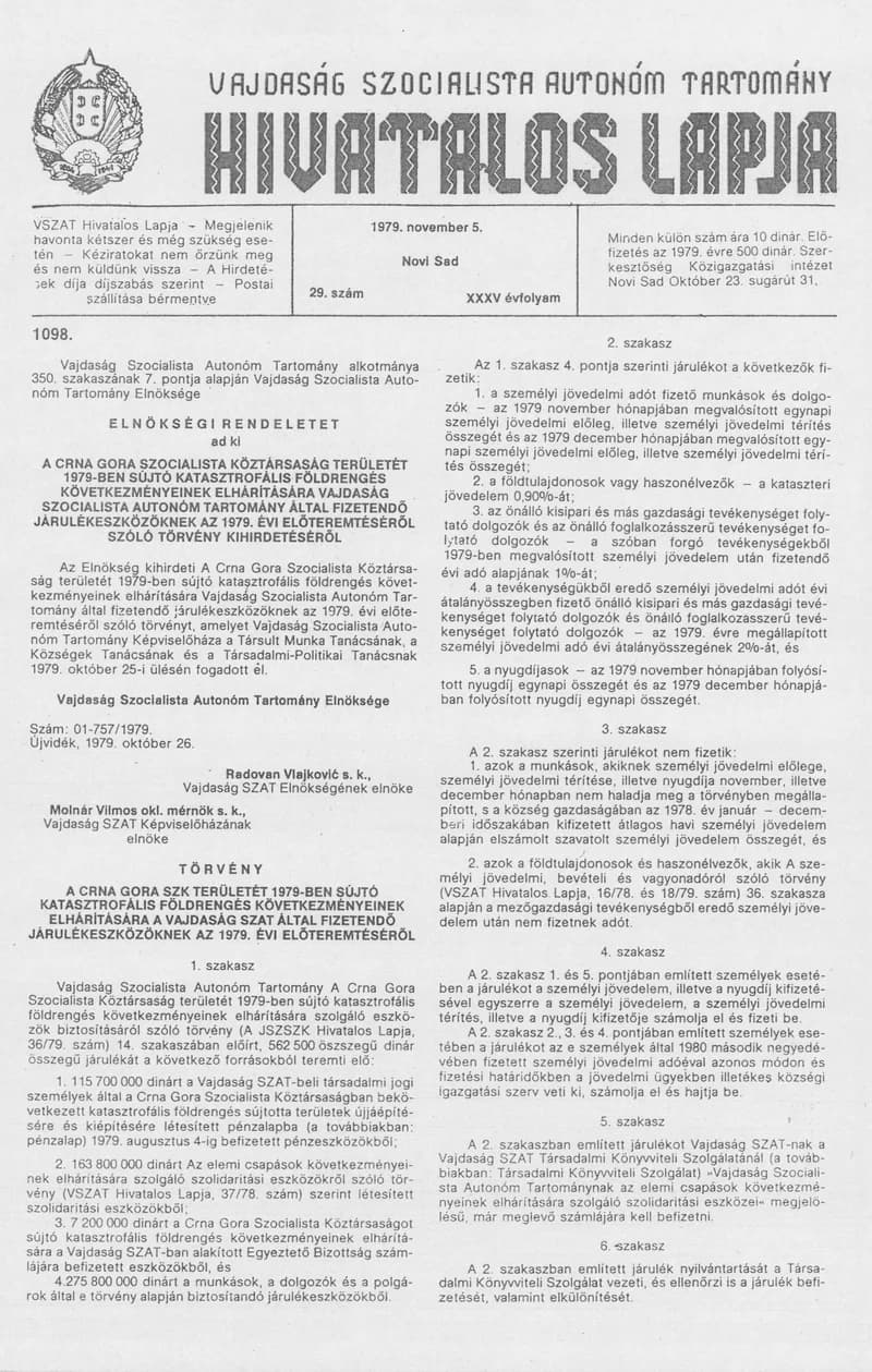 Vajdaság Szocialista Autonóm Tartomány Hivatalos Lapja, 35. évf. 1979. november 5. 29. sz. 1241–1252. oldal