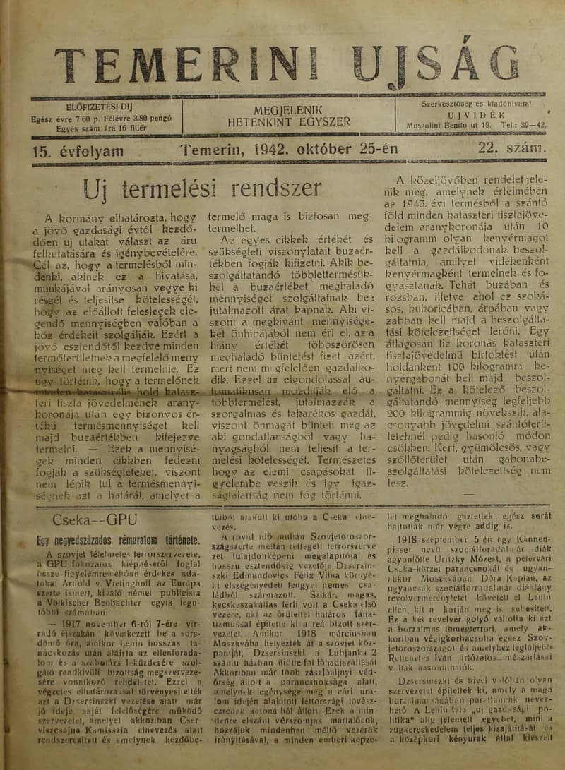 Temerini Újság 1928-1944, 15. évf. 1942. október 25. 22. sz.