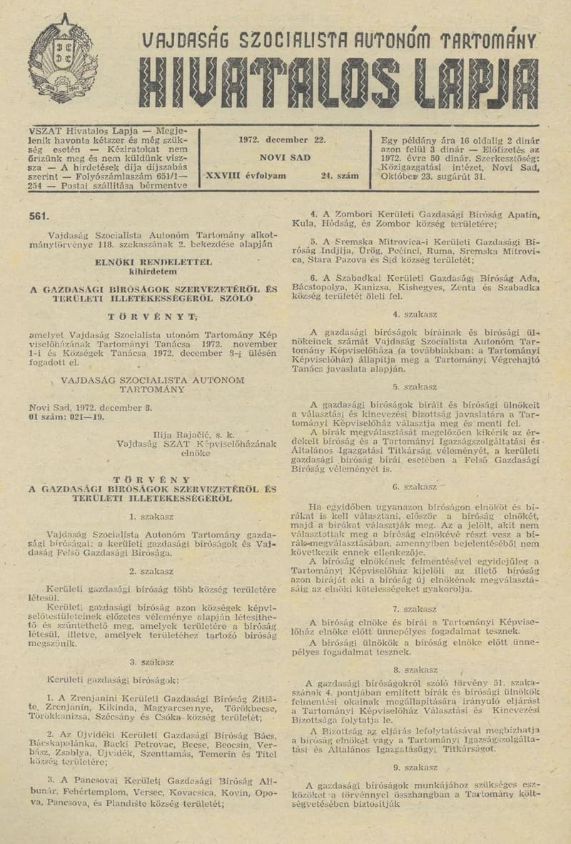 Vajdaság Szocialista Autonóm Tartomány Hivatalos Lapja, 28. évf. 1972. december 22. 24. sz. 829–848. oldal