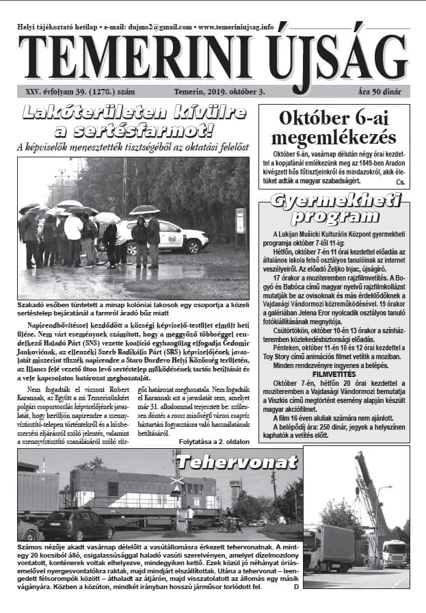 Temerini Újság, 25. évf. 2019. október 3. 39. sz.