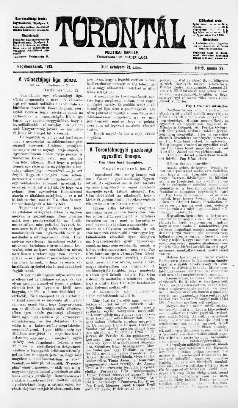 Torontál, 42. évf. 1913. január 27. 21. sz.