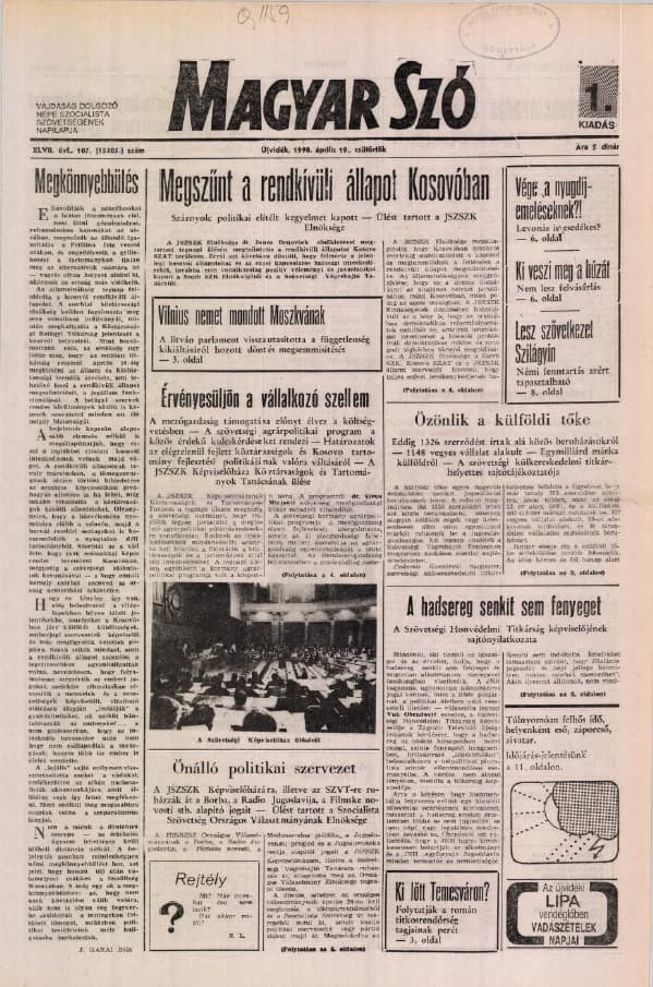 Magyar Szó, 47. évf. 1990. április 19. 107. sz. 1–16. oldal
