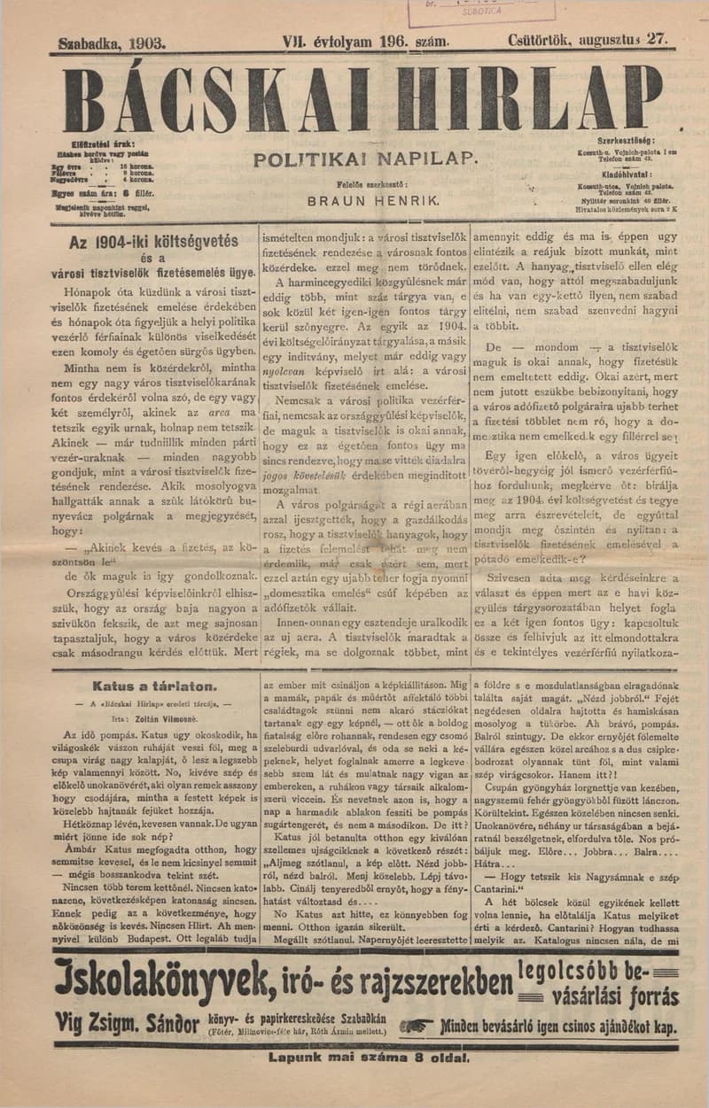Bácskai Hirlap, 7. évf. 1903. augusztus 27. 196. sz.