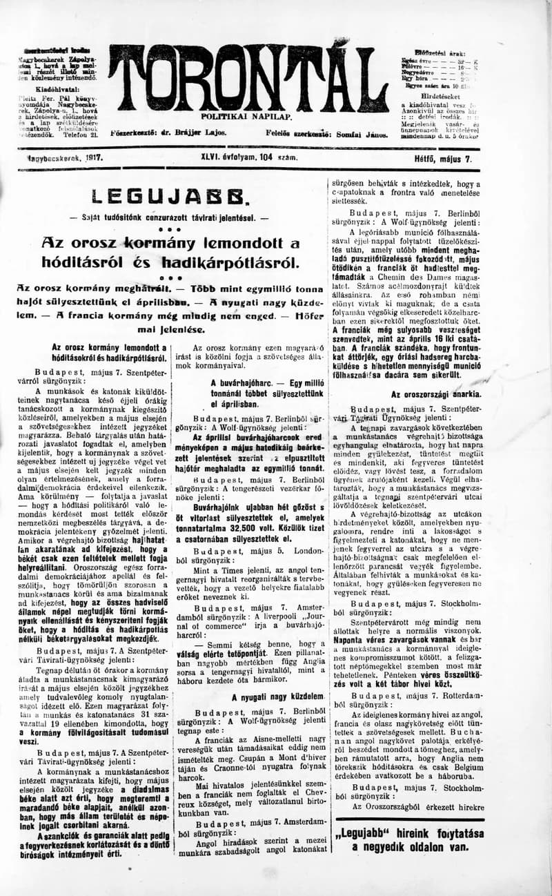 Torontál, 46. évf. 1917. május 7. 104. sz.