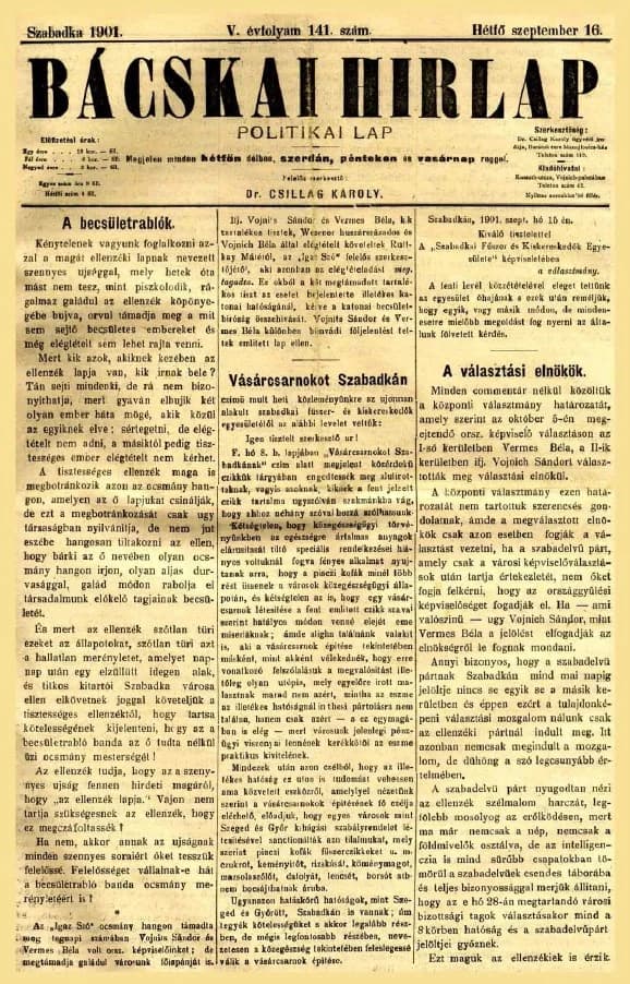 Bácskai Hirlap, 5. évf. 1901. szeptember 16. 141. sz.