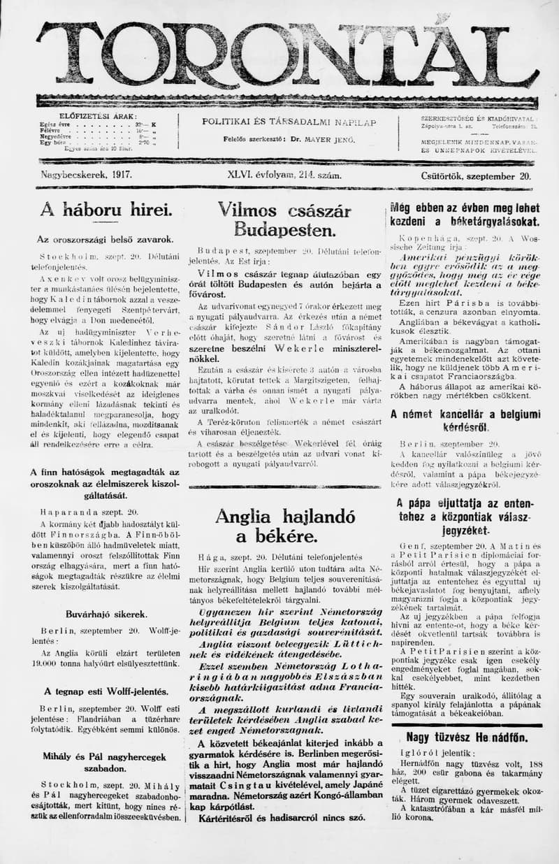 Torontál, 46. évf. 1917. szeptember 20. 214. sz.