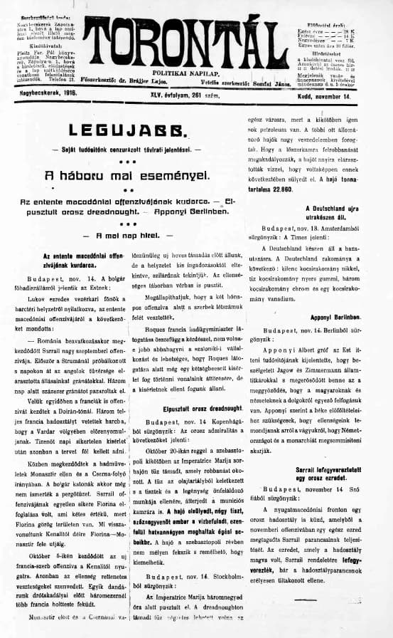 Torontál, 45. évf. 1916. november 14. 261. sz.