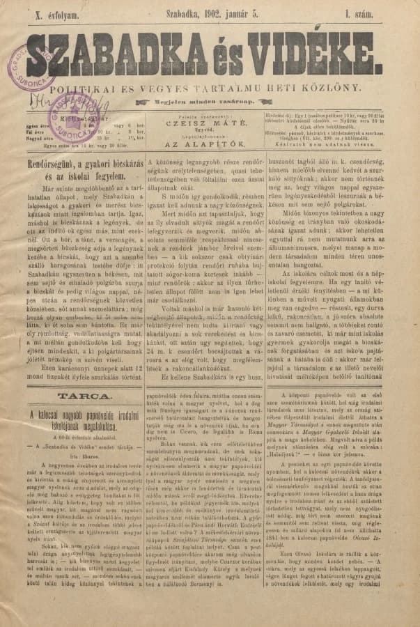 Szabadka és vidéke II, 10. évf. 1902. január 5. 1. sz.