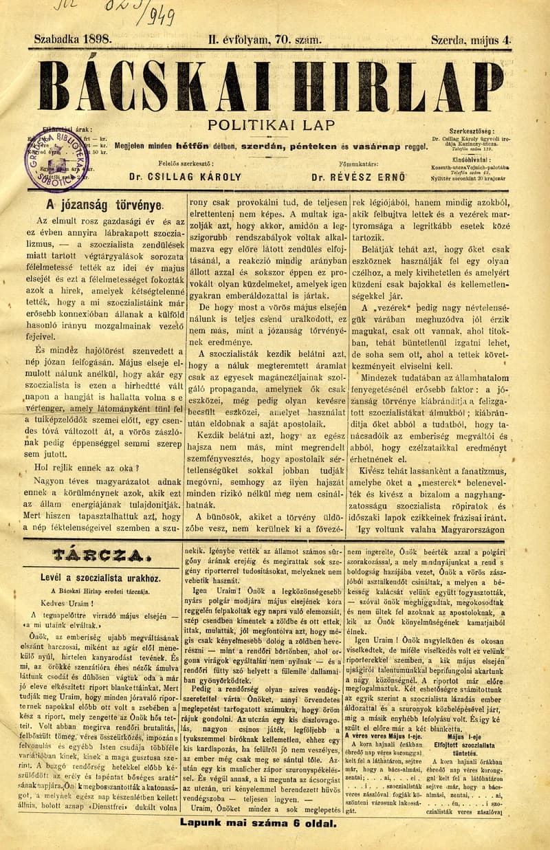 Bácskai Hirlap, 2. évf. 1898. május 4. 70. sz. 1–6. oldal