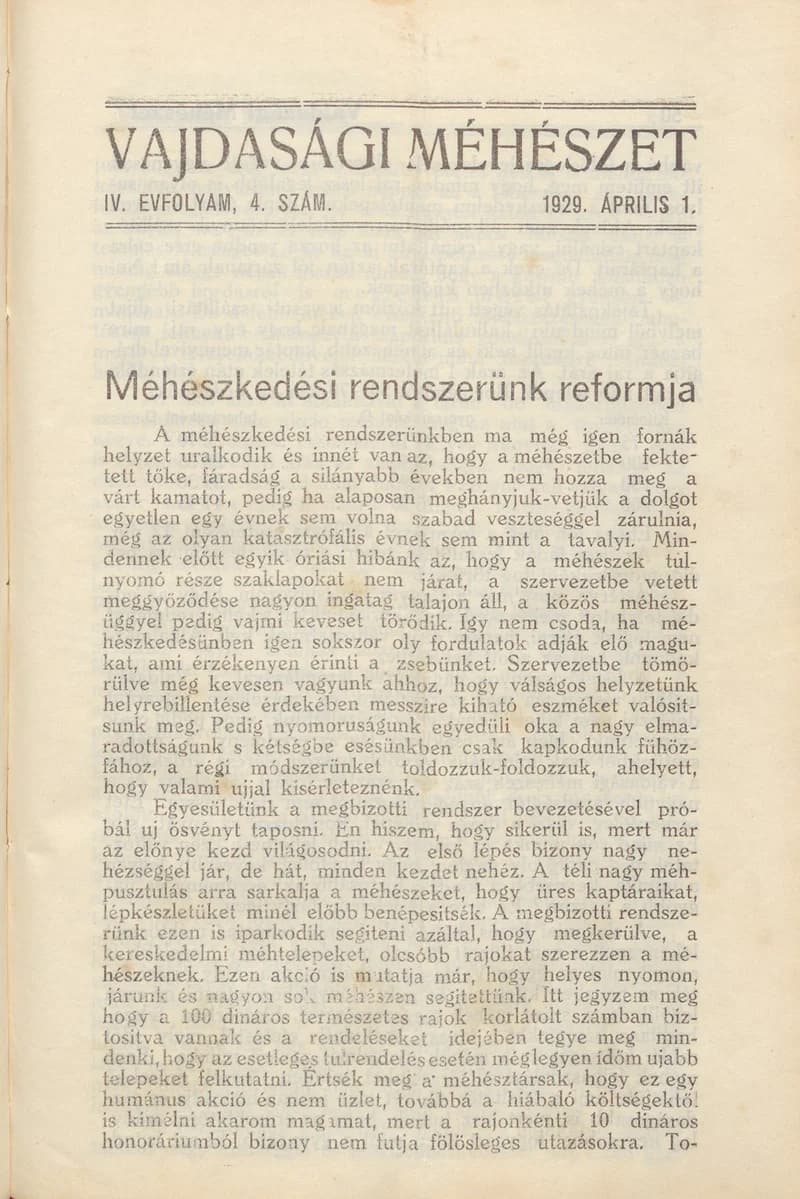 Vajdasági méhészet, 4. évf. 1929. április 1. 4. sz.