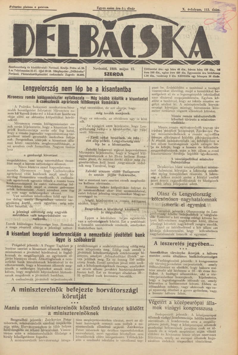 Délbácska, 10. évf. 1929. május 15. 113. sz.