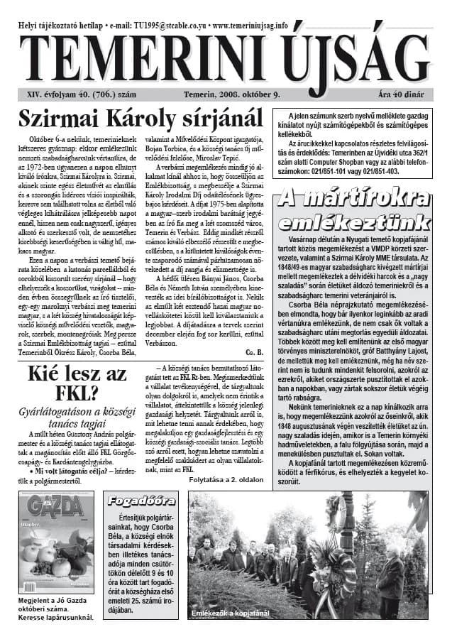 Temerini Újság, 14. évf. 2008. október 9. 40. sz.
