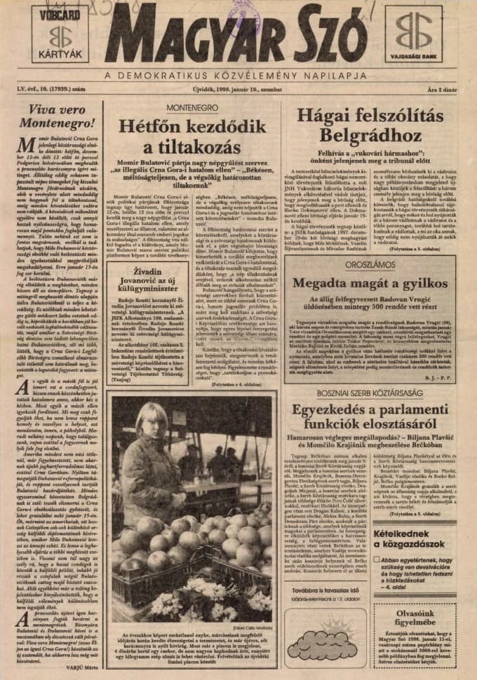 Magyar Szó, 55. évf. 1998. január 10. 10. sz. 1–16. oldal