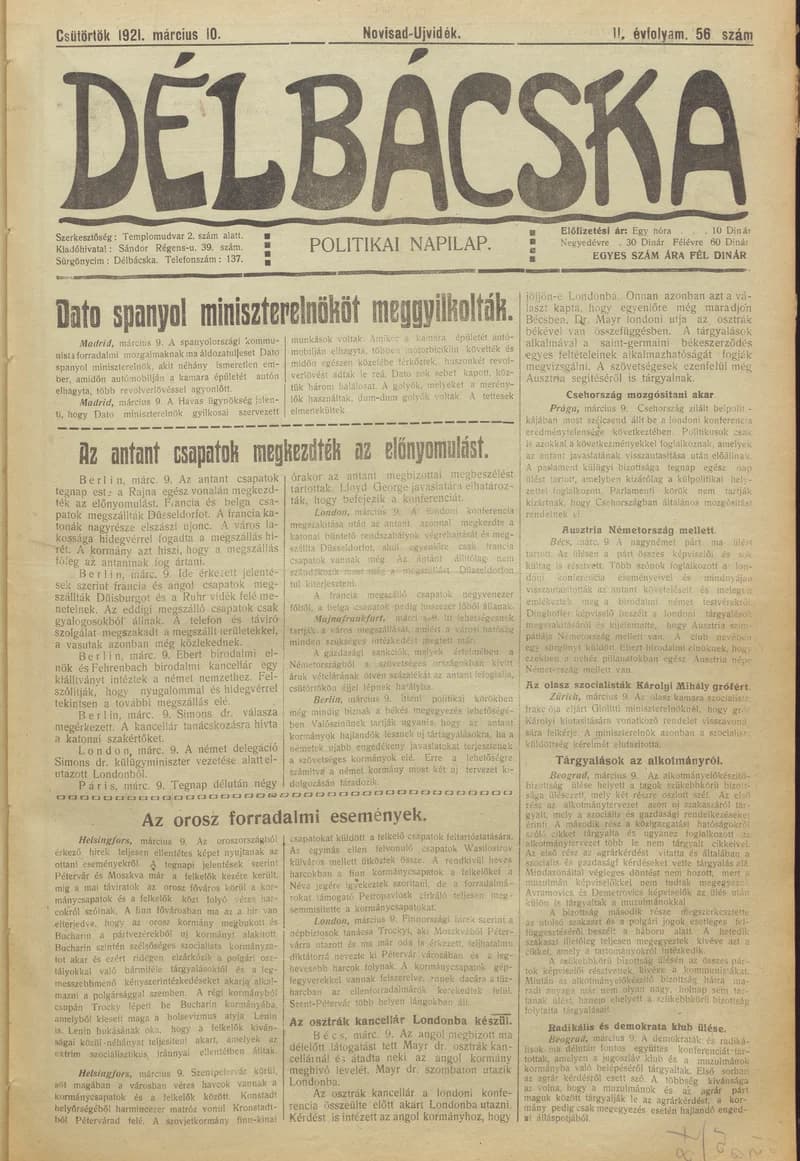 Délbácska, 2. évf. 1921. március 10. 56. sz.