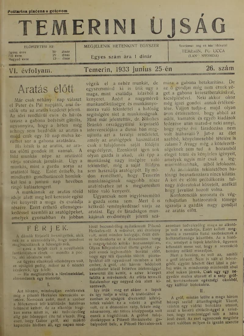 Temerini Újság 1928-1944, 6. évf. 1933. június 25. 26. sz.