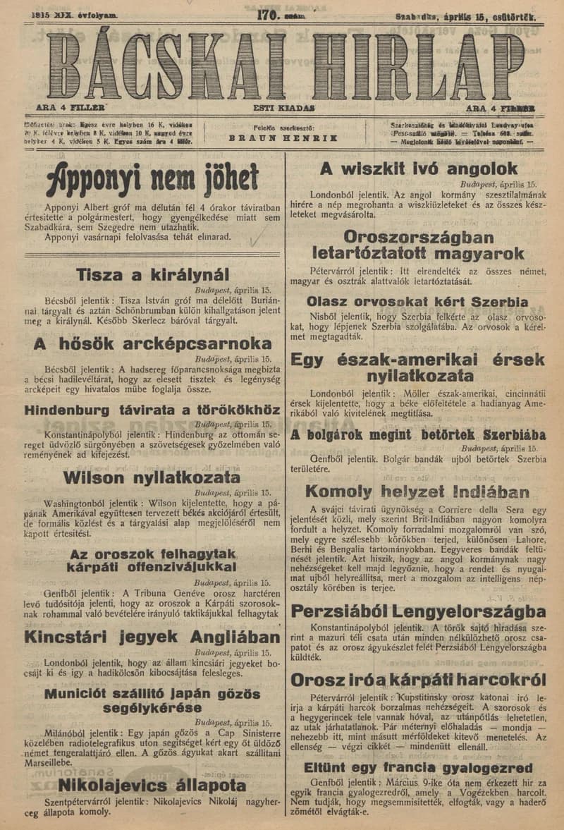 Bácskai Hirlap, 19. évf. 1915. április 15. 170. sz.