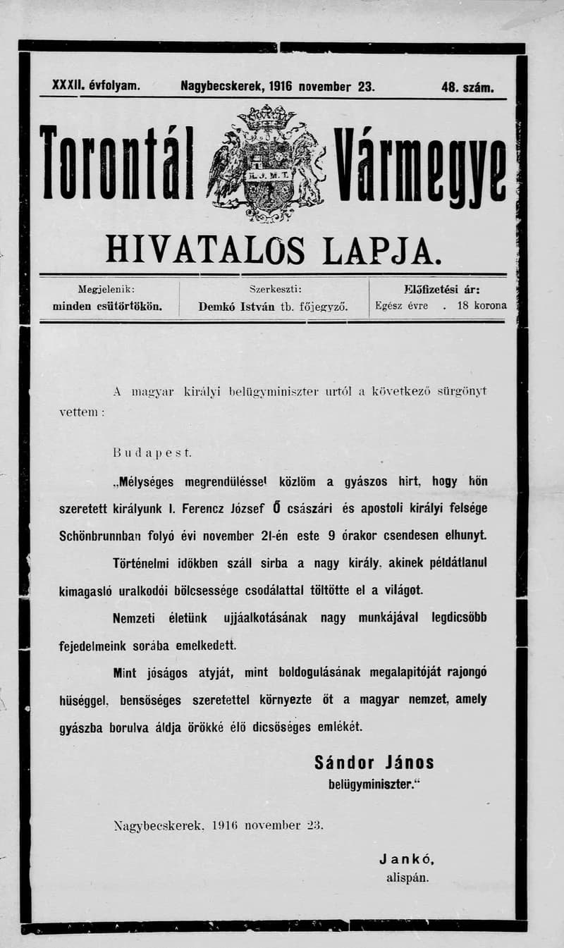 Torontál Vármegye Hivatalos Lapja, 32. évf. 1916. november 23. 48. sz.