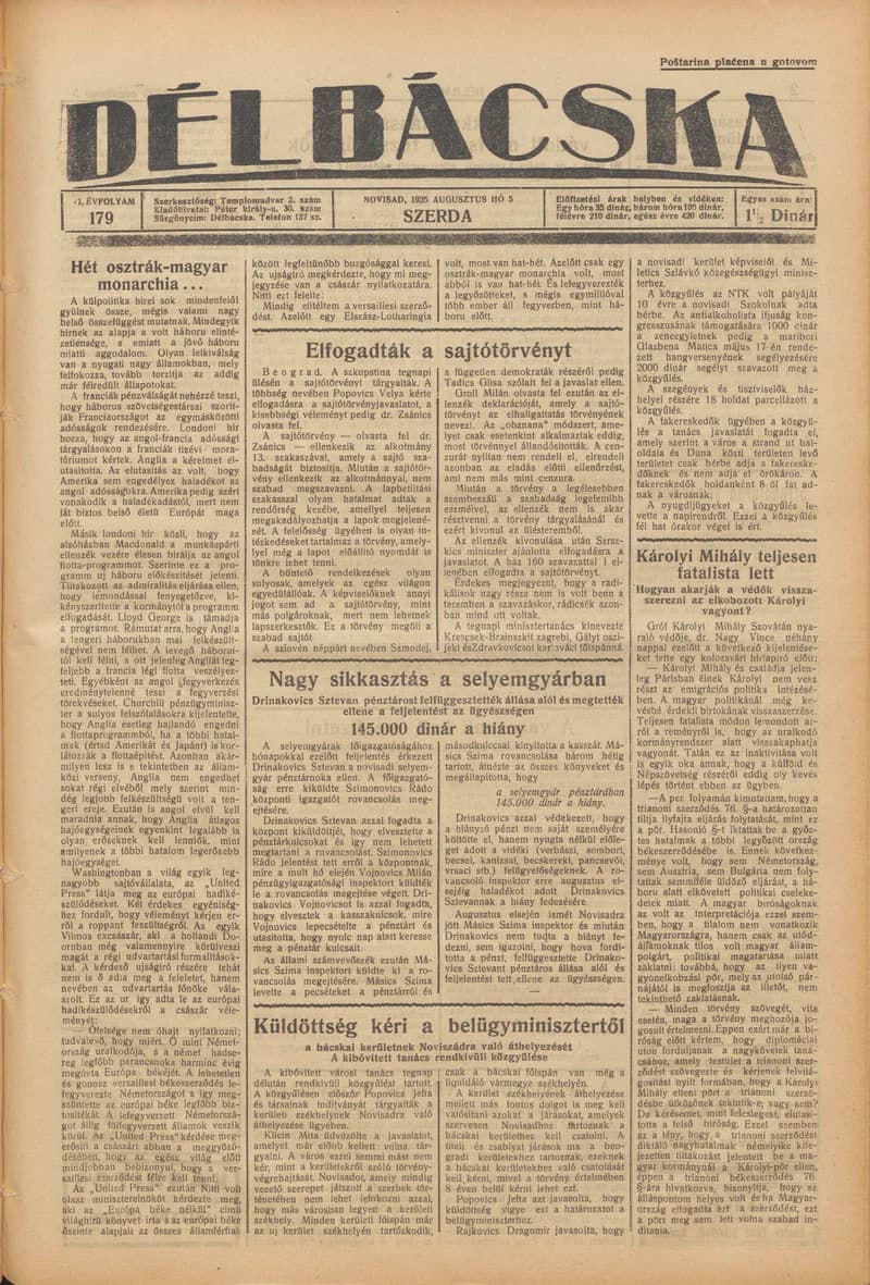 Délbácska, 6. évf. 1925. augusztus 5. 179. sz.
