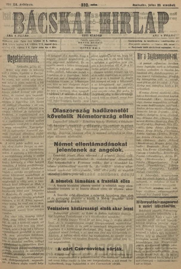 Bácskai Hirlap, 20. évf. 1916. július 22. 332. sz.