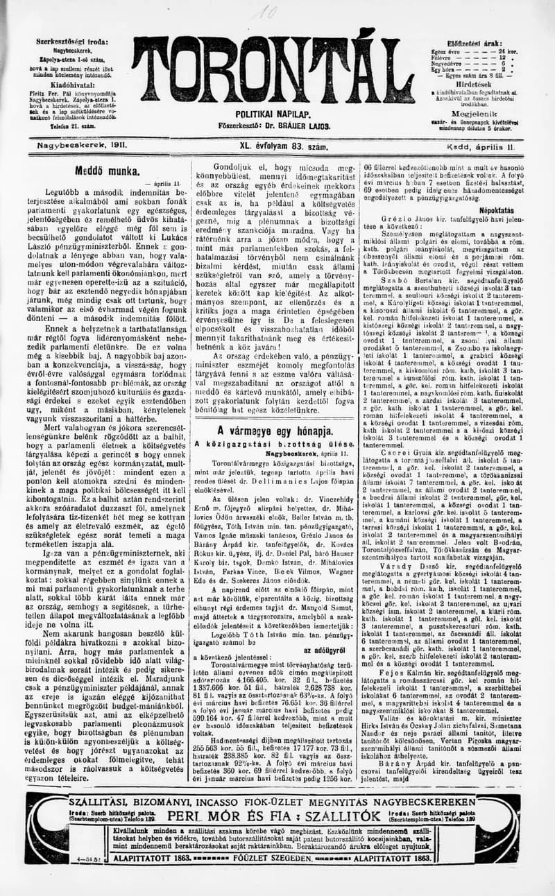 Torontál, 40. évf. 1911. április 11. 83. sz.