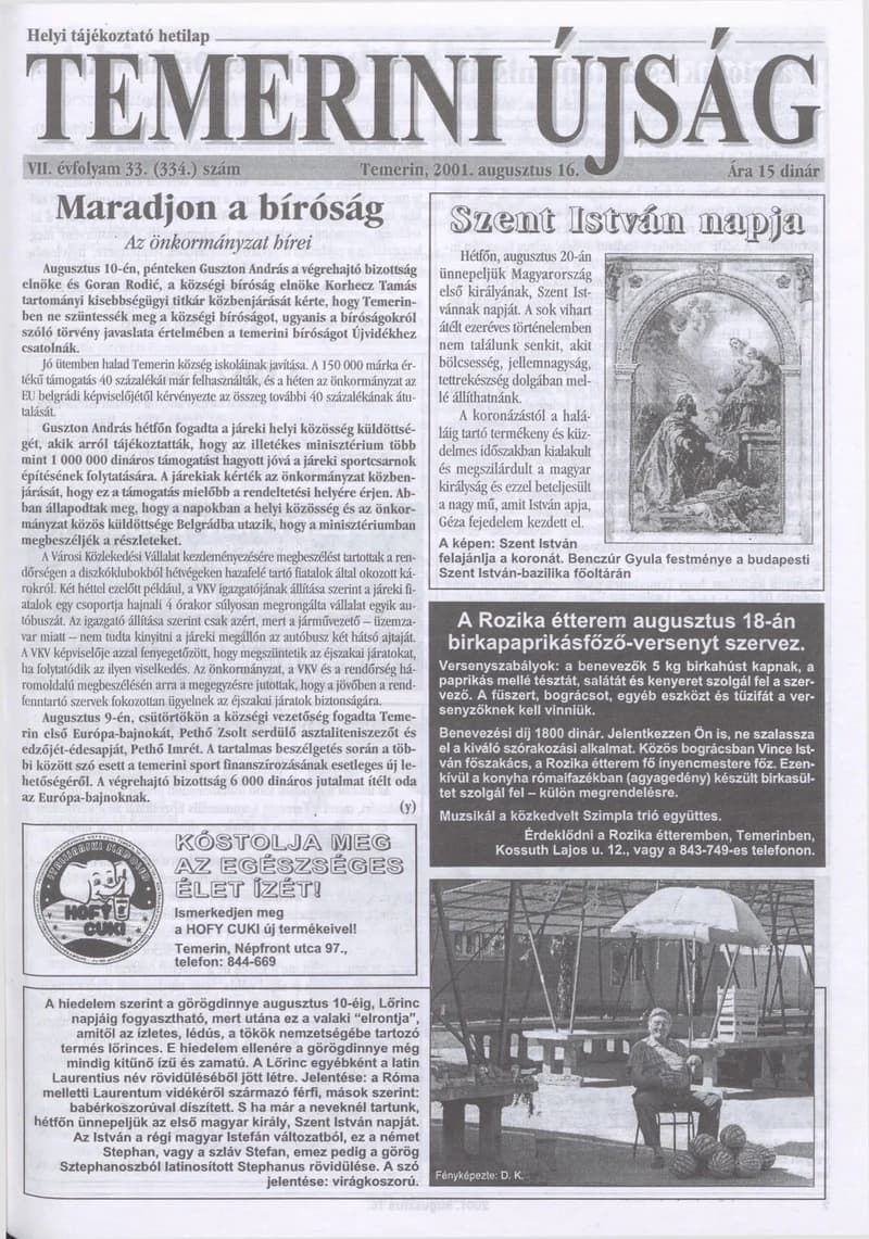 Temerini Újság, 7. évf. 2001. augusztus 16. 33. sz.
