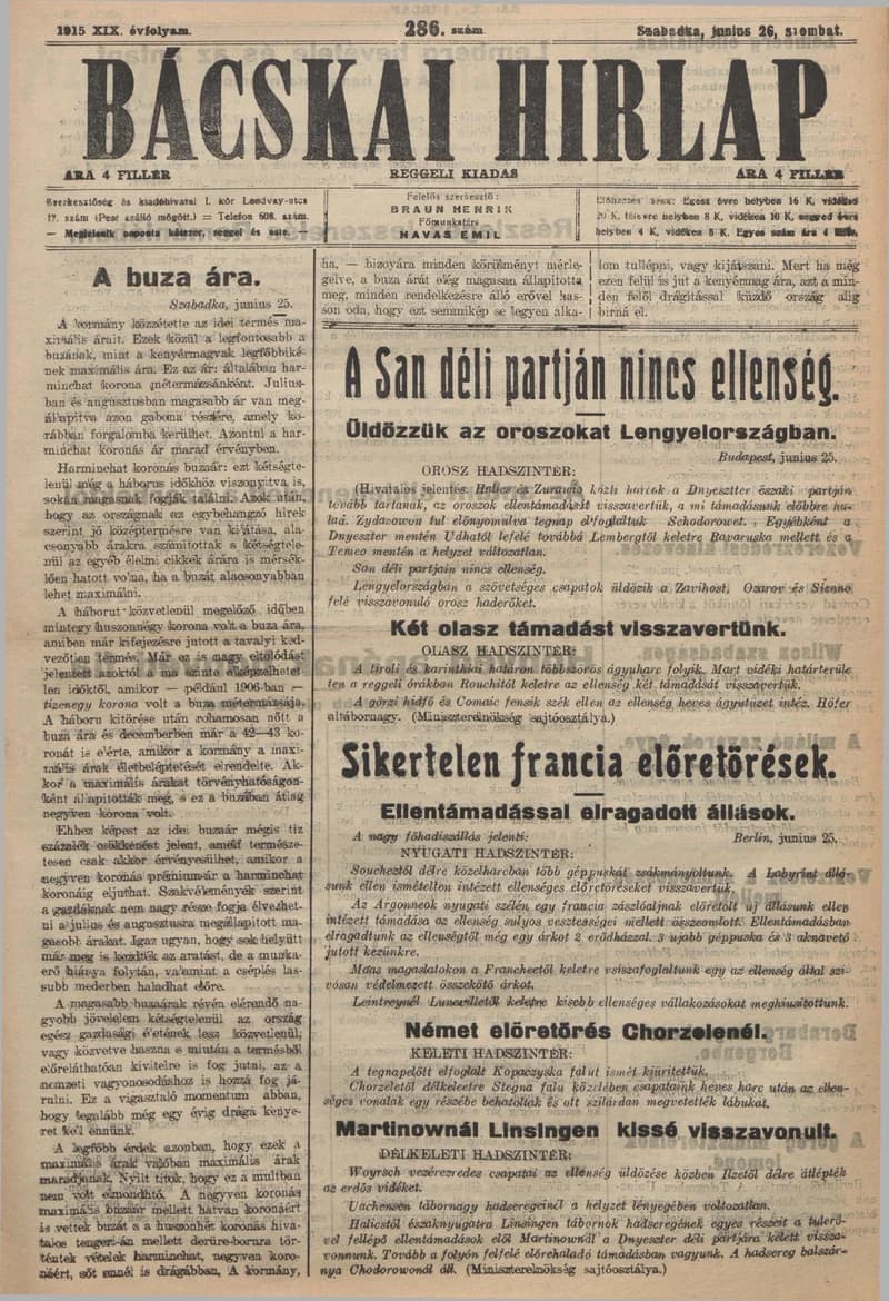 Bácskai Hirlap, 19. évf. 1915. június 26. 286. sz.