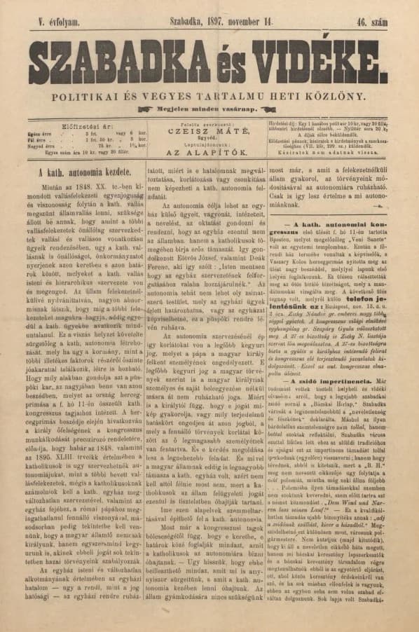 Szabadka és vidéke II, 5. évf. 1897. november 14. 46. sz.