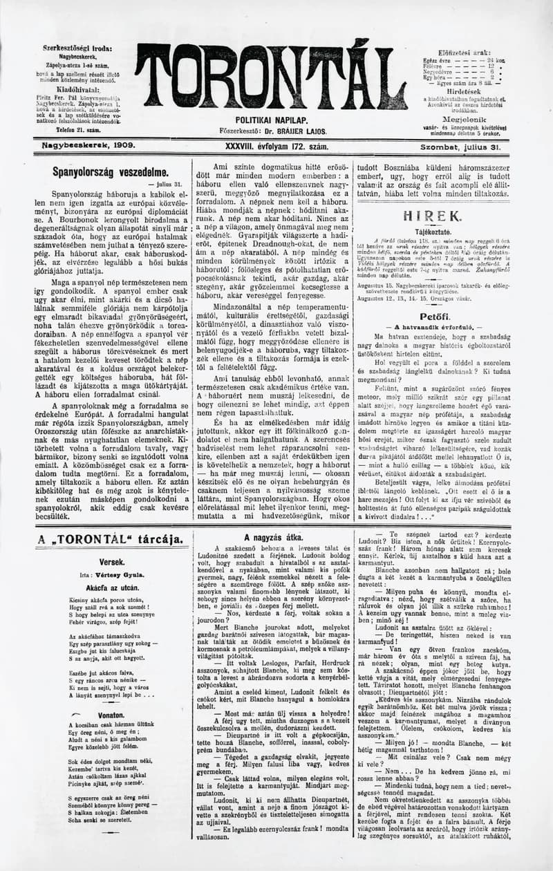 Torontál, 38. évf. 1909. július 31. 172. sz.