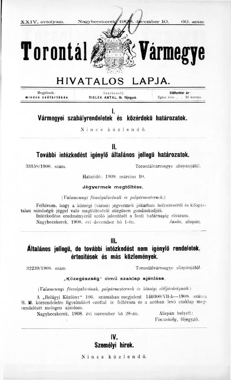 Torontál Vármegye Hivatalos Lapja, 24. évf. 1908. december 10. 60. sz.