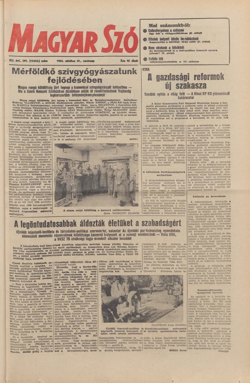 Magyar Szó, 41. évf. 1984. október 21. 291. sz. 1–32. oldal