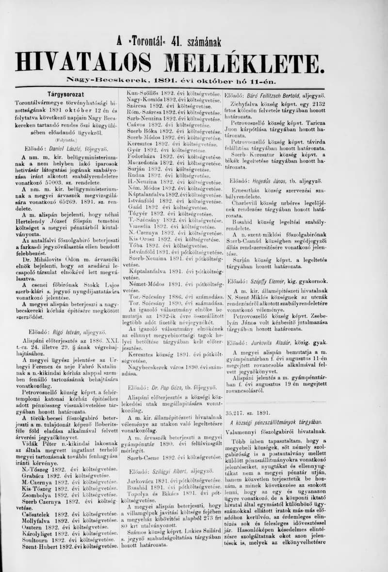 A Totontál  hivatalos melléklete, 4. évf. 1891. október 11. 41. sz.