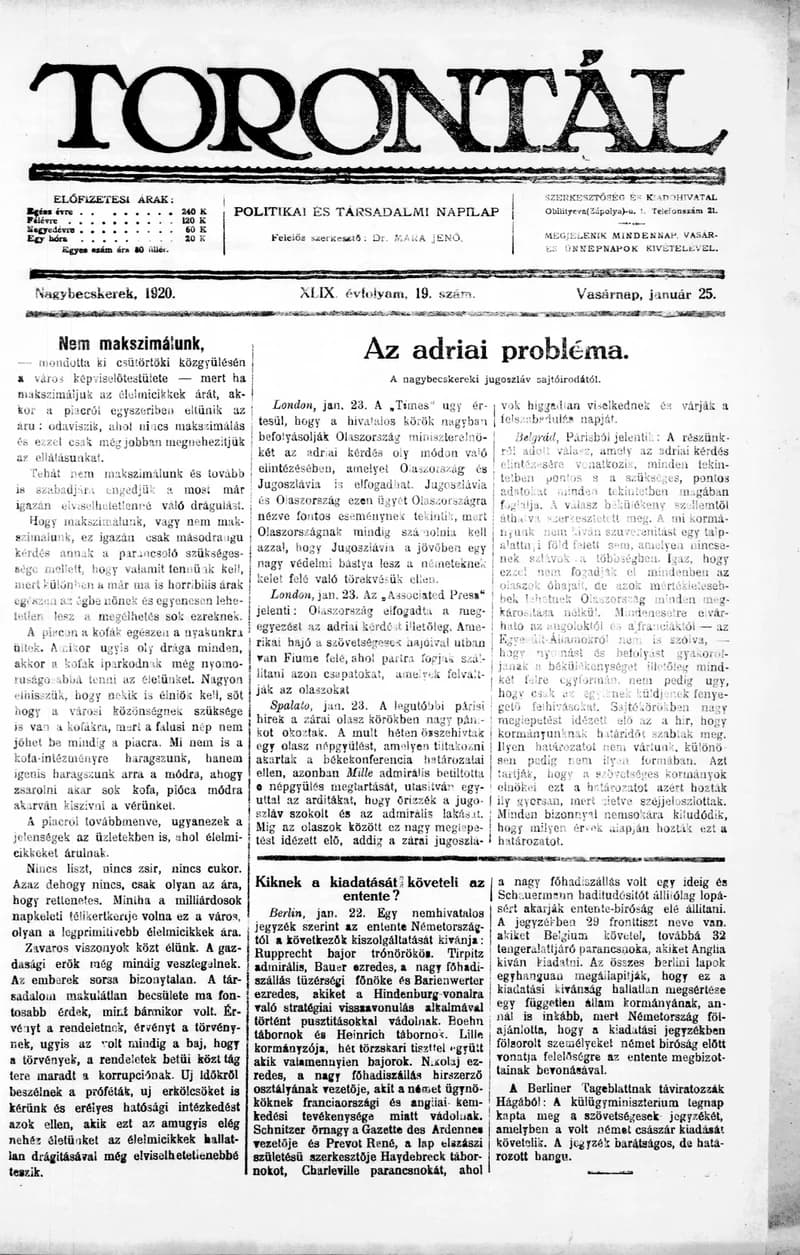 Torontál, 49. évf. 1920. január 25. 19. sz.