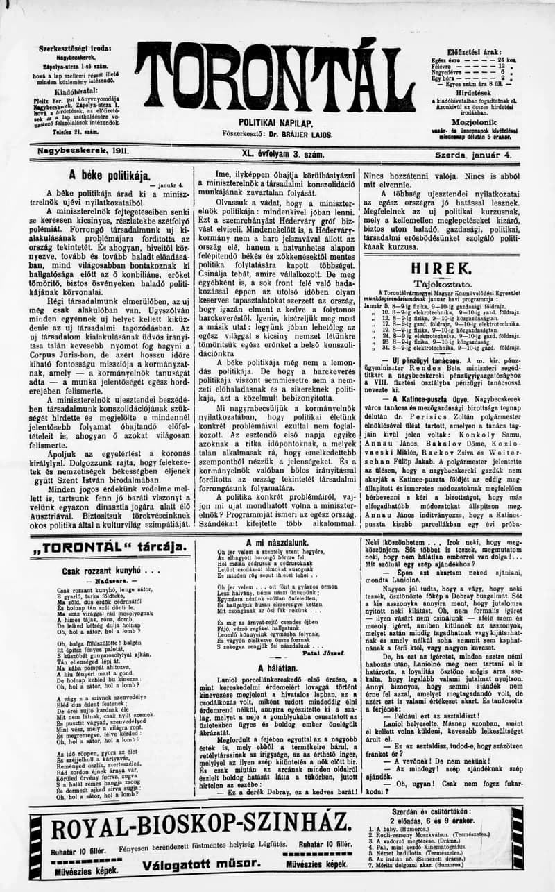 Torontál, 40. évf. 1911. január 4. 3. sz.