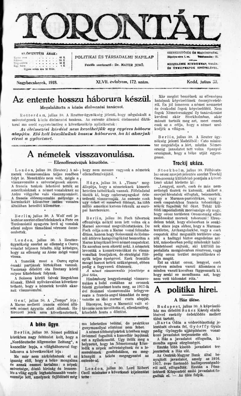 Torontál, 47. évf. 1918. július 30. 172. sz.