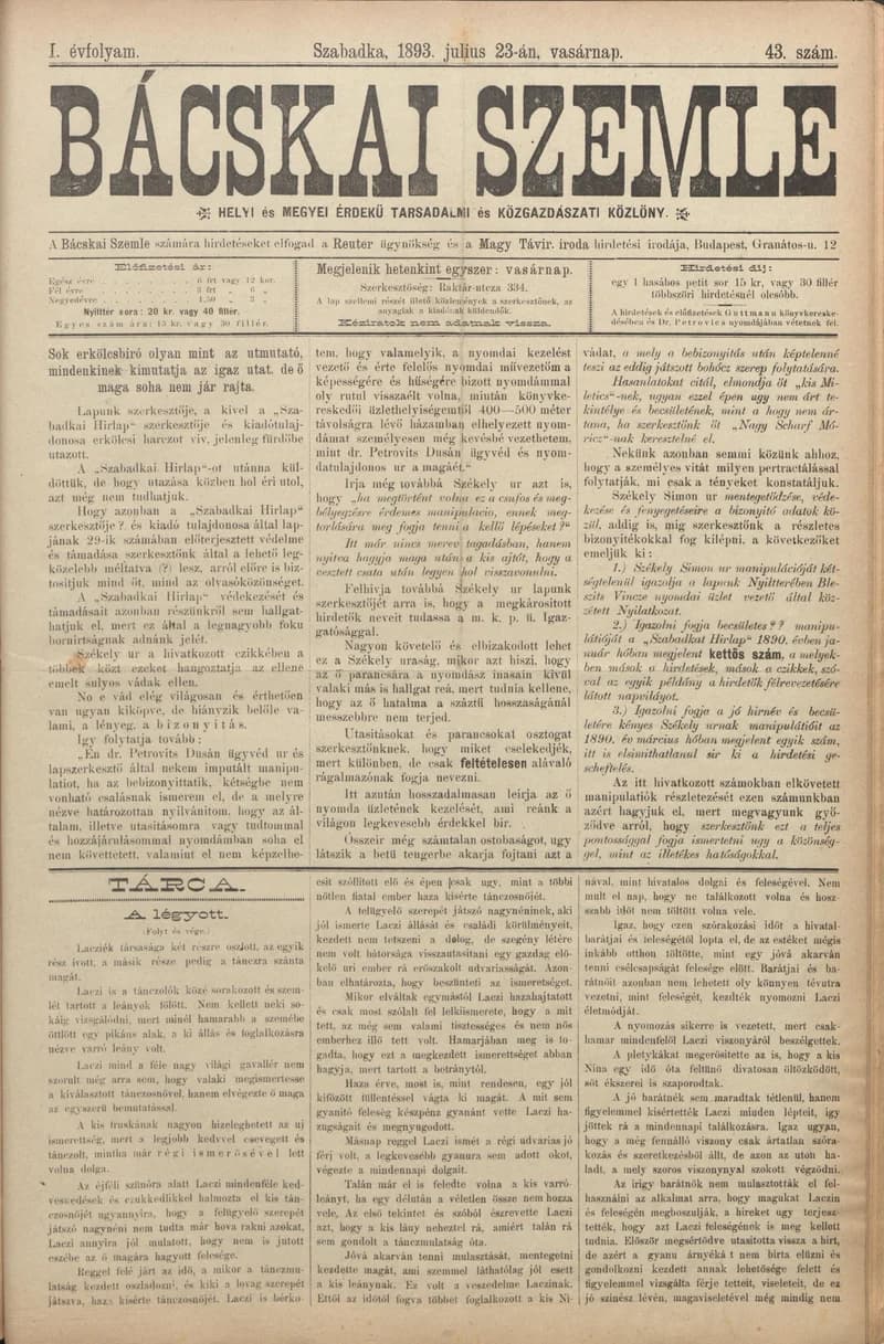 Bácskai Szemle, 1. évf. 1893. július 23. 43. sz.