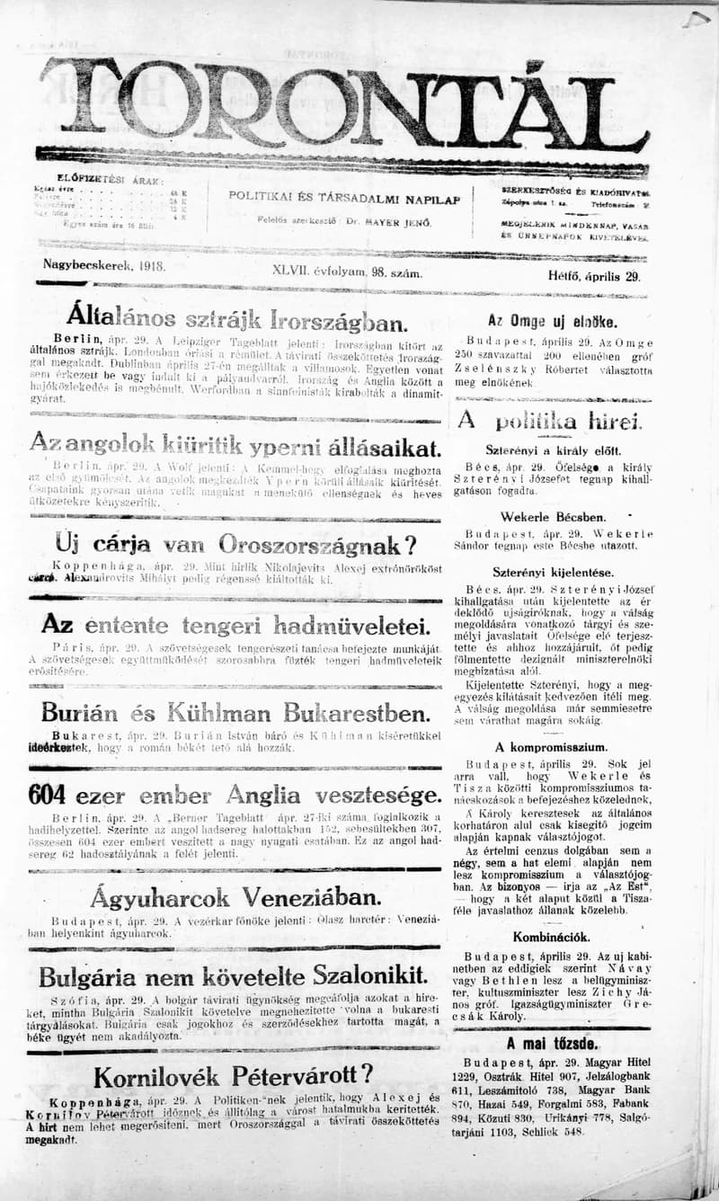 Torontál, 47. évf. 1918. április 29. 98. sz.