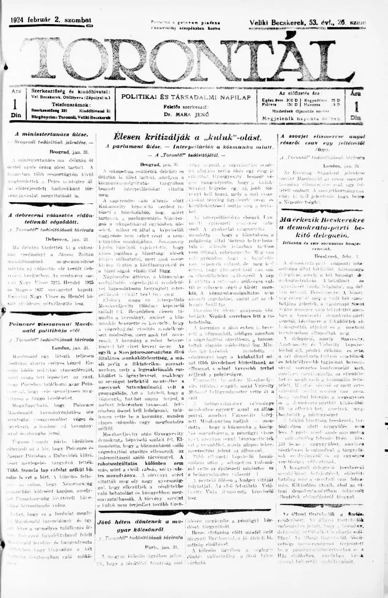 Torontál, 53. évf. 1924. február 2. 26. sz.