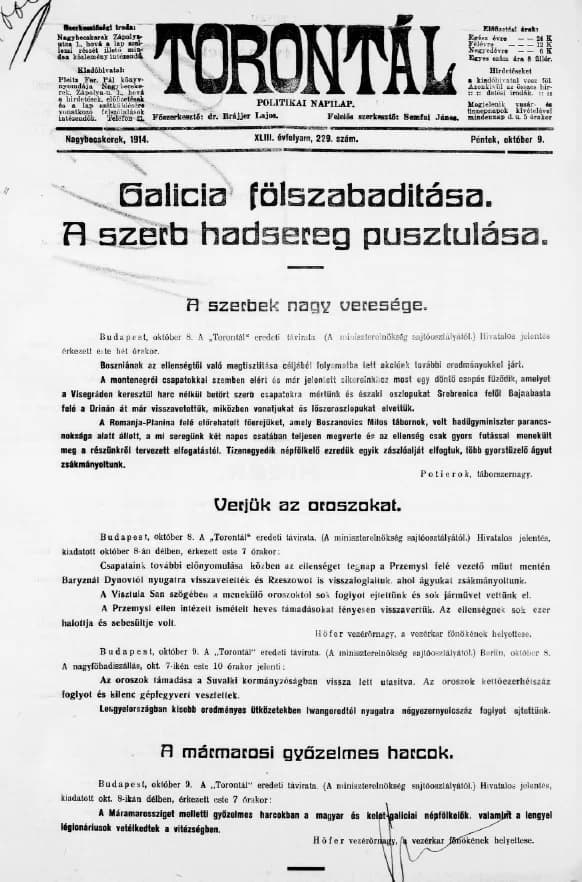 Torontál, 43. évf. 1914. október 9. 229. sz.