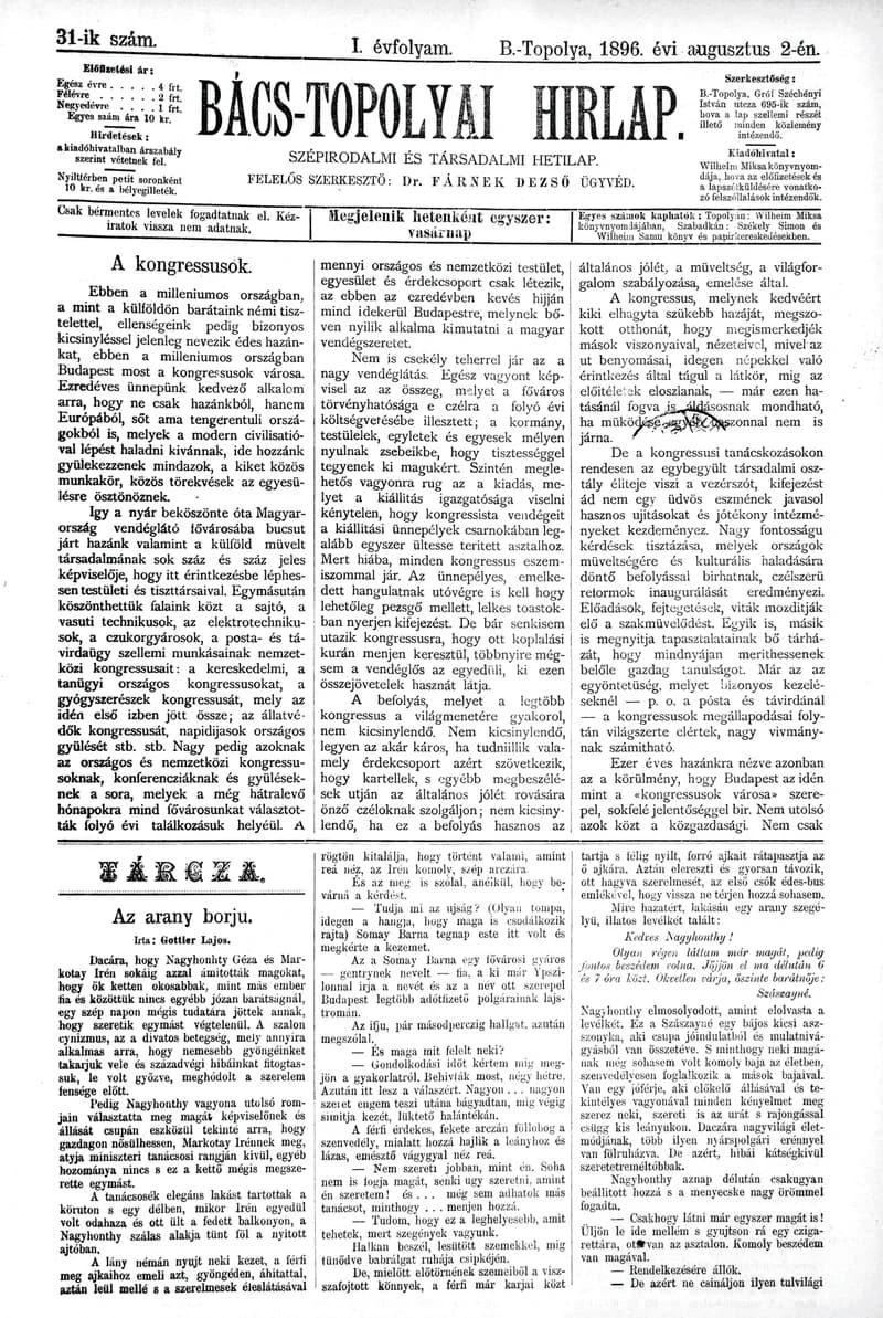 Bács-Topolyai Hirlap, 1. évf. 1896. augusztus 2. 31. sz.