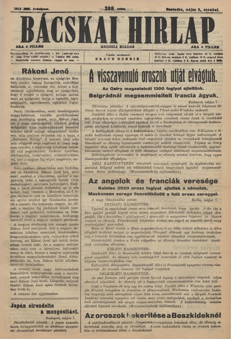 Bácskai Hirlap, 19. évf. 1915. május 8. 208. sz.