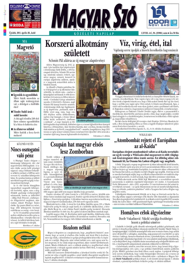 Magyar Szó, 68. évf. 2011. április 26. 94. sz. 1–16. oldal