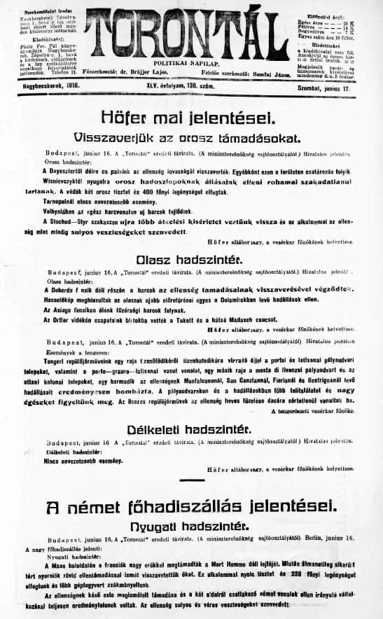 Torontál, 45. évf. 1916. június 17. 138. sz.