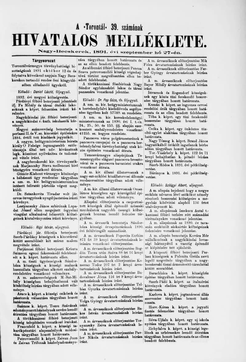 A Totontál  hivatalos melléklete, 4. évf. 1891. szeptember 27. 39. sz.