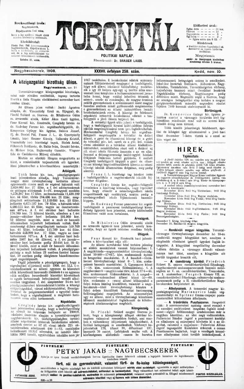 Torontál, 37. évf. 1908. november 10. 258. sz.