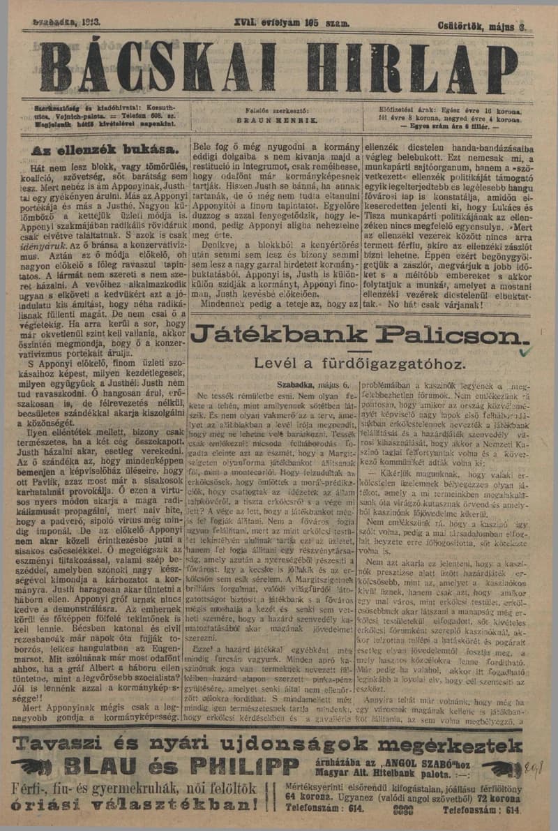 Bácskai Hirlap, 17. évf. 1913. május 8. 105. sz.