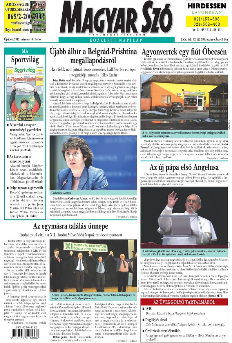 Magyar Szó, 70. évf. 2013. március 18. 62. sz. 1–16. oldal