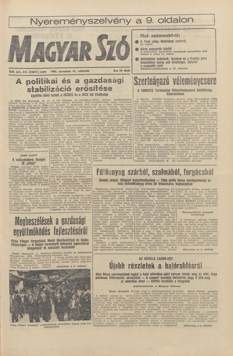 Magyar Szó, 42. évf. 1985. november 14. 314. sz. 1–20. oldal