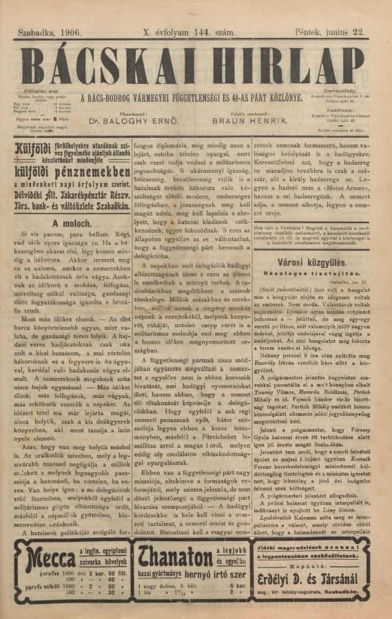 Bácskai Hirlap, 10. évf. 1906. június 22. 144. sz.