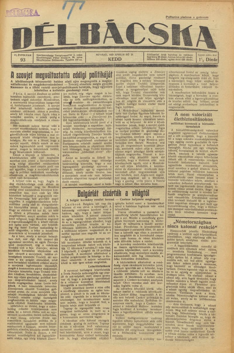Délbácska, 6. évf. 1925. április 21. 93. sz.