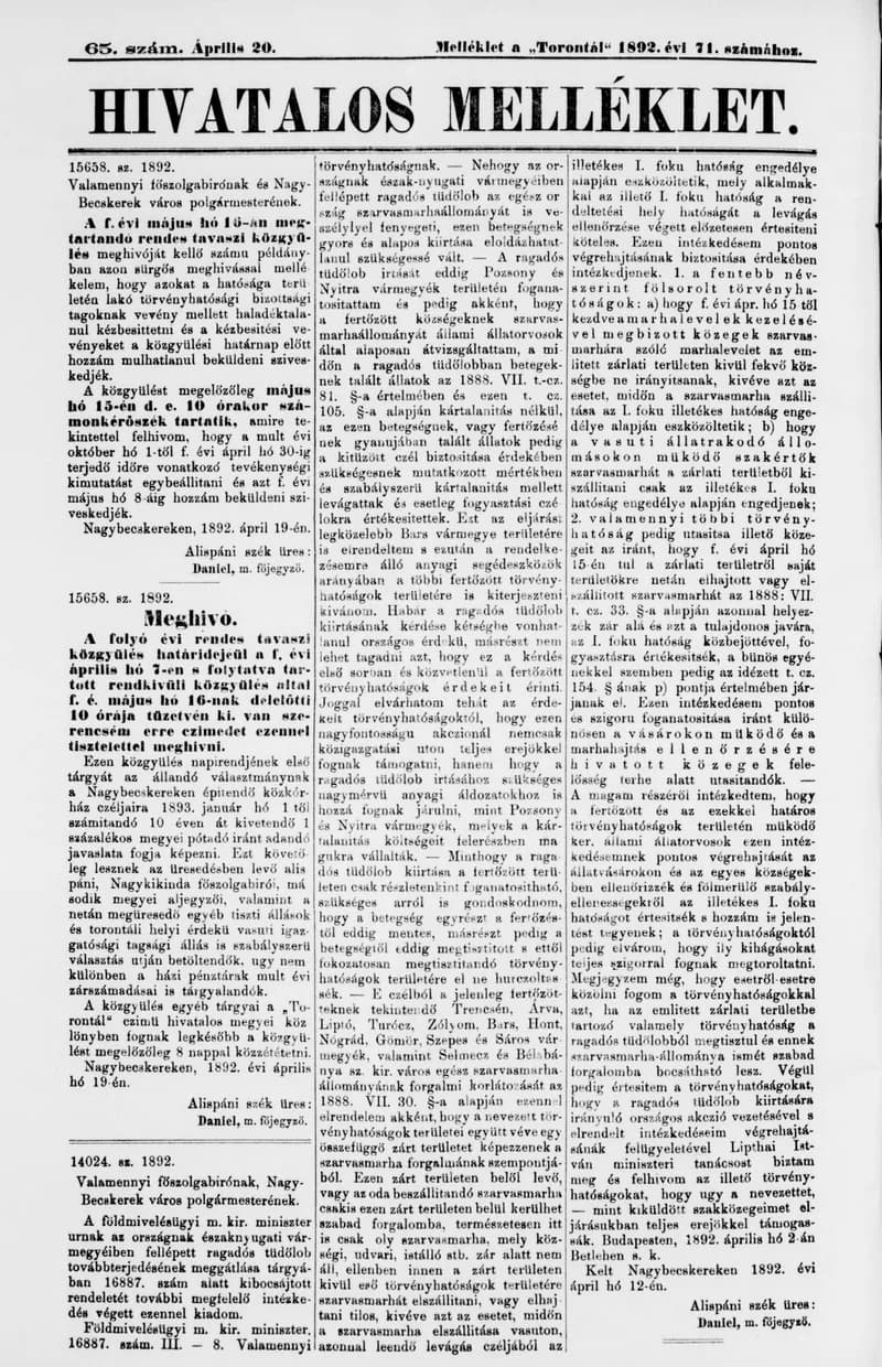A Totontál  hivatalos melléklete, 5. évf. 1892. április 20. 65. sz.